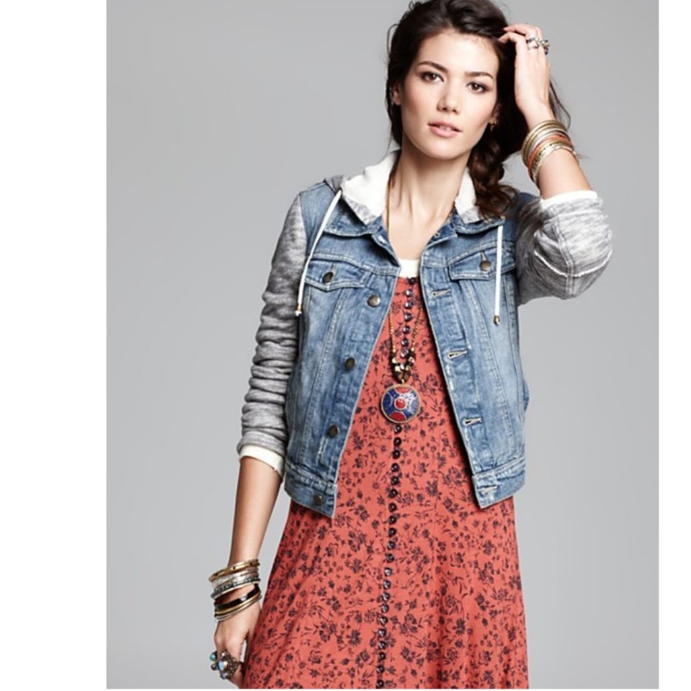 FREE PEOPLE DENIM AND KNIT HOODED JACKET S